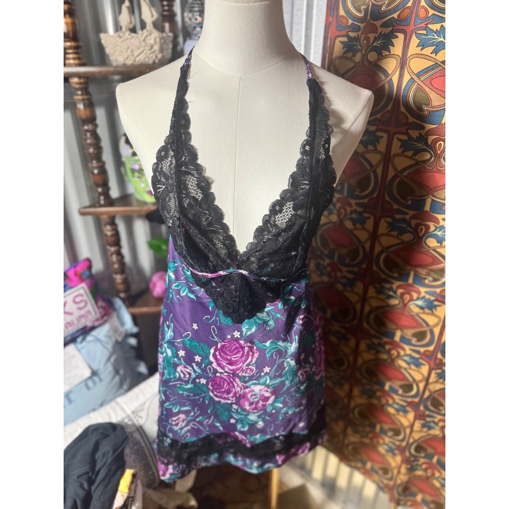 Cassandra‎ Intimates Purple Floral Lace Trim Halter Mini Dress